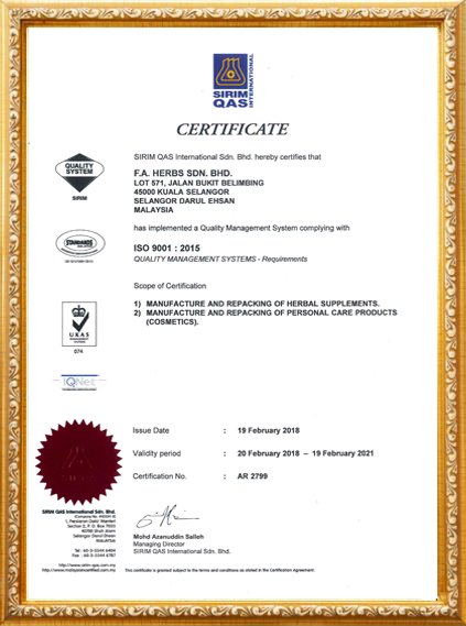 FA Herbs Certificate