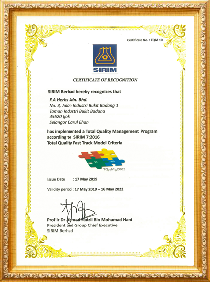 FA Herbs Certificate